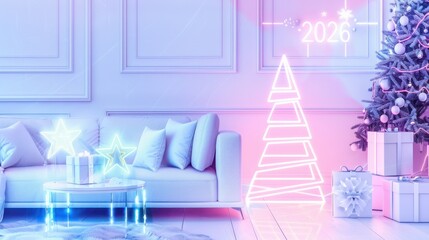 Festive Modern Living Room Decorated for Christmas with Neon Light Tree and Gifts
