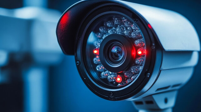 Close-up of a red-light night vision security surveillance camera