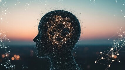 Silhouette head outline with brain-like structure of interconnected points. Soft sunset background