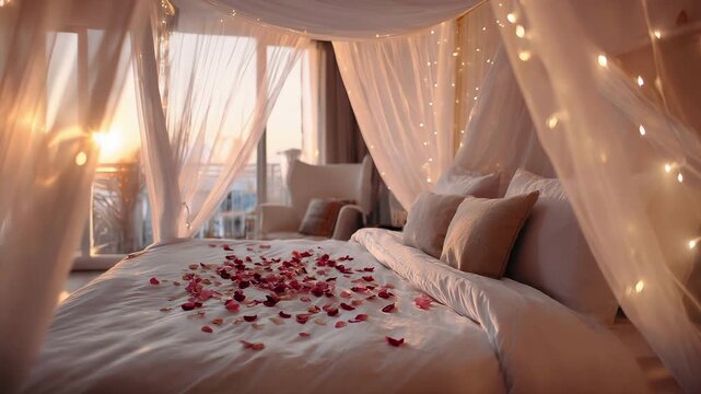 Romantic bedroom with white bed adorned with rose petals, fairy lights and sheer drapes canopy, cozy armchair, warm lamp, city skyline view through window