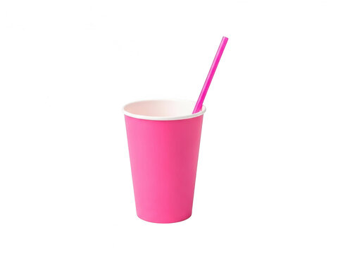 Pink paper cup with straw isolated on transparent background
