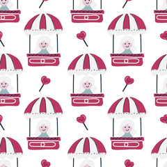 Happy Valentine's Day seamless pattern with  pink hot air baloon and hearts. Romantic vector background.	