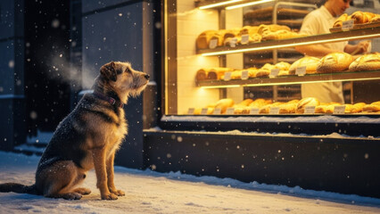 A Dog's Winter Longing: A loyal canine sits outside a bakery, captivated by the aroma of fresh bread and pastries, the cold air swirling around. A scene of pure longing and anticipation in the winter.
