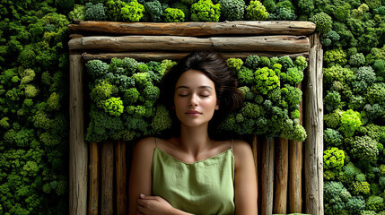 Frau in nat&uuml;rlicher Umgebung mit moosartigen Strukturen und gr&uuml;nen Textilien. Ruhige Fashion- und Lifestyle-Fotografie mit Fokus auf Natur, Textur und entspannte &Auml;sthetik.