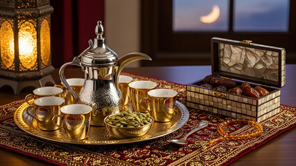 Fototapeta premium A Festive Feast: An ornate golden tray filled with elegant cups, a shimmering coffee pot, a treasure chest of dates, and a delicate chain of beads.