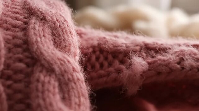 Extreme macro shot of pink knitted fabric texture evolving through close-ups. Cable knit pattern and yarn fibers in detail. Cozy wool material concept footage.