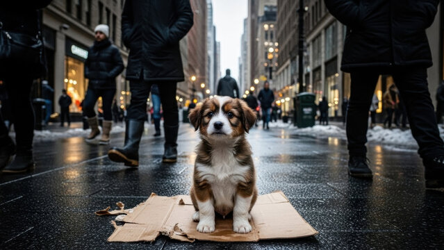 A Street's Lonely Pup: A lone puppy sits on a cardboard, its eyes reflecting the bustling city life surrounding it. A poignant image capturing the vulnerability and the essence of the street's soul.