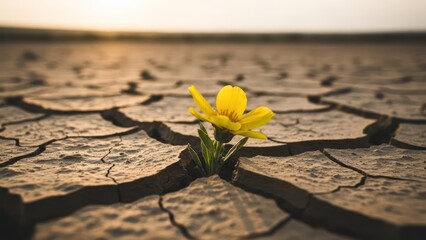 Naklejka premium Single yellow flower blooming amidst cracked, barren earth under a warm sunset