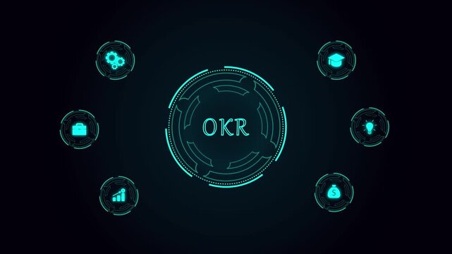 Objectives and Key Results Interface with Global World Map, Finance Icons, Corporate Budget Analysis and Futuristic Business Dashboard
