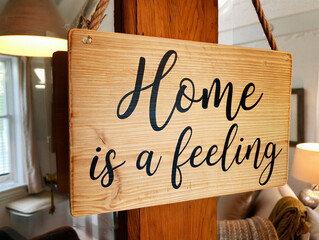 A wooden sign hanging on a rope with the phrase Home is a feeling written in black cursive letters in a living room