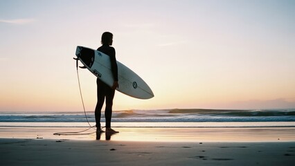 Surfer with board watches sunrise on beach. Horizon, calm water, and soft light
