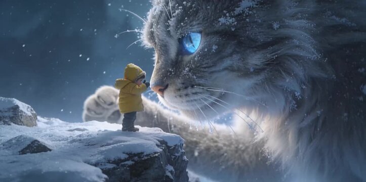 Blue-Eyed Cat Slowly Advancing Across A Snowy Iceberg Toward A Tiny Child In A Yellow Parka Standing On The Jagged Tip, Snowflakes Swirling In The Icy Wind