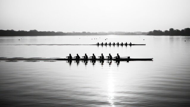 Two rowing teams compete on a calm lake at dawn, monochrome scene