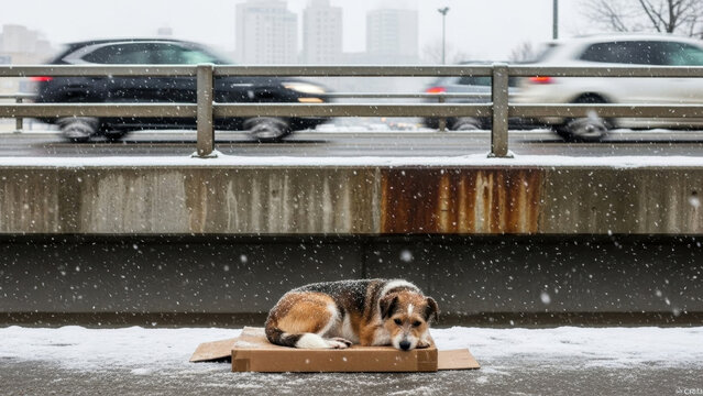 Alone in the Urban Cold: A lone canine, seeking refuge on a cardboard bed, endures the biting chill of a snowy cityscape, while blurred cars rush along the elevated highway.