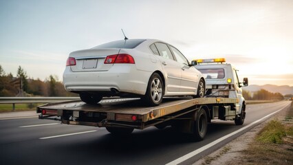 Naklejka premium White car being towed on a flatbed tow truck on a highway at sunset