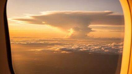 View of dramatic cloud formation at sunset framed by an aircraft window