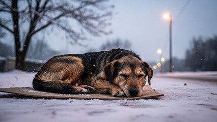 Winter's Solitude: A solitary dog, curled up on a piece of cardboard, braves the harsh winter, its vulnerability and resilience tell a poignant story.