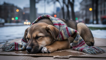 Cozy Canine Respite in City: A heartwarming image of a sleeping puppy wrapped in a scarf, finding solace amidst the urban chill, showcasing the tenderness of care.