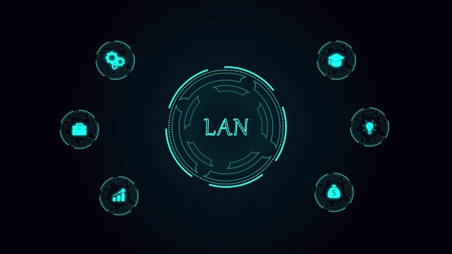 Local area network  Interface with Global World Map, Finance Icons, Corporate Budget Analysis and Futuristic Business Dashboard
