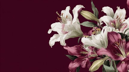 Obraz premium Elegant, chic seamless pattern including white lilies top left corner of image watercolor sketch style with burgundy background