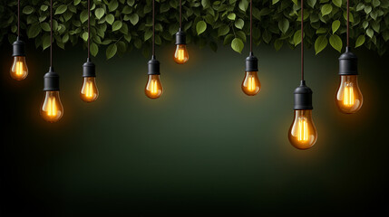 Hanging Vintage Edison Light Bulbs with Green Leaves and Copy Space created with Generative AI Technology, ai, generative