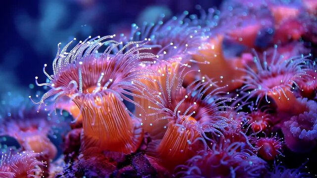 Vibrant red sea anemone waving tentacles underwater in coral reef ocean environment close up macro footage stock video