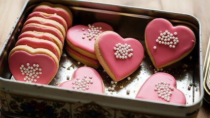 Fototapeta premium Heart shaped cookies with pink icing in vintage metal tin, romantic valentines day biscuits with white sprinkles, homemade sweet treats for gift
