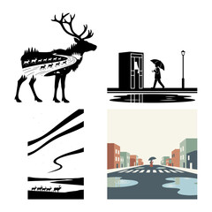 Deer double exposure silhouette with herd road and rainy doorway reflection scene