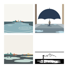 Flat color puddle landscapes with umbrella figure and minimal calm scenery