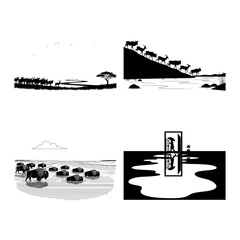 Migration river crossing and doorway reflection silhouettes in minimal black and white