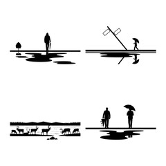 Minimal rain reflection silhouettes with walking figures and puddle moods