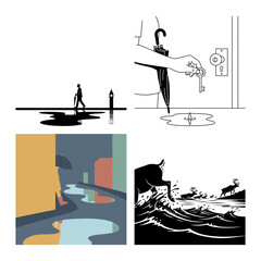 Door key and rainy reflection silhouettes with urban and wildlife contrast