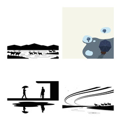 Umbrella thought bubble reflection illustration with wildlife herd and abstract trail