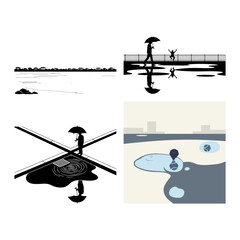 Umbrella bridge and crossroads reflection silhouettes with calm rainy atmosphere