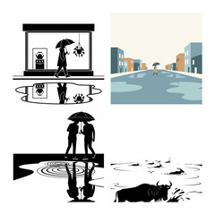 Shop window rain reflection silhouettes with couple scene and wildlife river moment