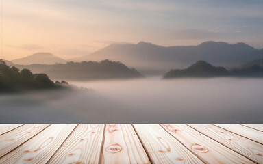 Serene landscape with foggy lake and mountains at sunrise or sunset above wooden planks