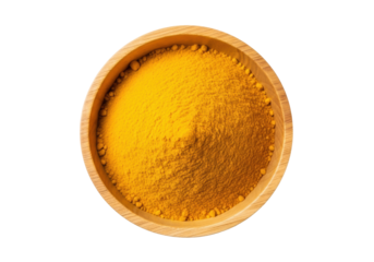 A light brown, polished wooden bowl filled with vibrant yellow, finely ground turmeric powder, on a transparent background with copy space, natural health concept