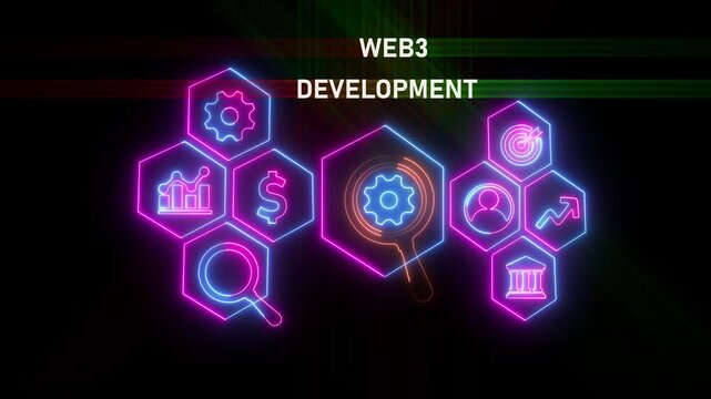 An animated Web3 icon connected to a futuristic website development graphic. Represents block chain technology, decentralized network, and modern internet development.