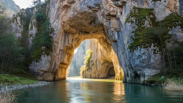 Majestic Natural Rock Arch Over Calm River in Lush Forest Landscape
