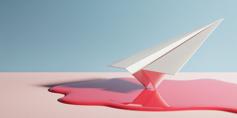 White paper airplane dipped in red paint symbolizing startup risk and business growth on a pale gray background.