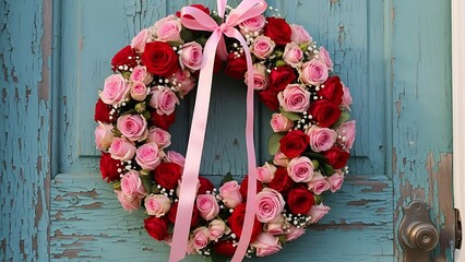 Floral door wreath with red and pink roses and a long elegant pink ribbon hanging on a rustic, peeling blue wooden door, romantic wedding or home entrance decoration.