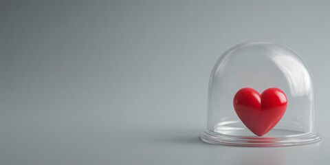 Transparent glass dome protecting a red heart symbolizing insurance safety and emotional protection on a pastel gray background.