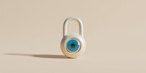 Matte white padlock floating open with a pastel blue eye symbolizing cybersecurity trust and digital privacy on a sand background.
