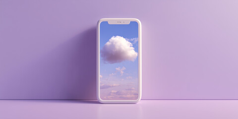 Matte white ceramic smartphone with a pastel sky and single cloud symbolizing digital wellbeing balance on a lilac background.