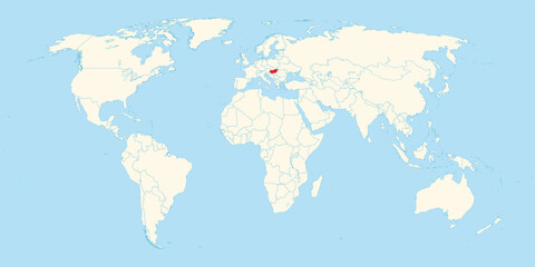 Obraz premium Detailed world map showing the specific location of Hungary highlighted in red color within Europe continent