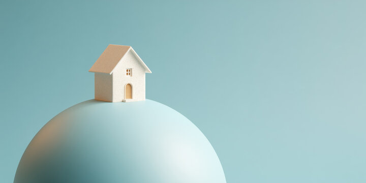 Matte white house model balanced on a pastel blue sphere symbolizing real estate stability and safe haven on a warm beige background.