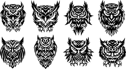 Fototapeta premium Tribal Owl Tattoo Design Vector Collection Set