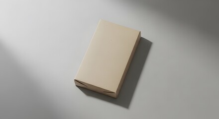 Minimalist beige cardboard box mockup casting a soft shadow on surface
