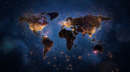 World Map with fireworks representation set against a blue night sky, symbolizing the celebration of New Year 2027.