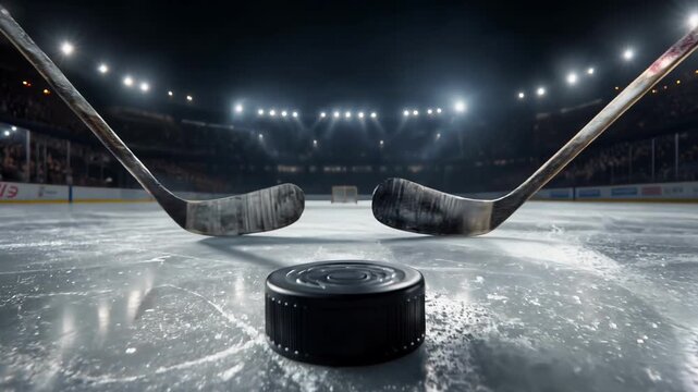Crossed ice hockey sticks with black puck on glossy ice rink surface with skate scratches, cool blue tones, winter sports equipment composition